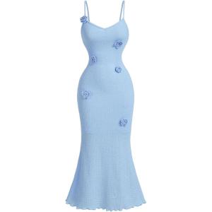 imageSOLY HUX Womens Summer Cami Midi Dress Floral Appliques V Neck Spaghetti Strap Bodycon DressesSolid Blue