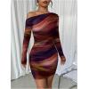 imageSOLY HUX Womens Sexy Off The Shoulder Bodycon Mini Dress Tie Dye Long Sleeve Ruched Asymmetrical Club DressesOrange Multi