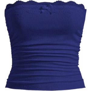 imageSOLY HUX Womens Lace Trim Ruched Bandeau Crop Tube Tops Bowknot Front Strapless Summer TopsDark Blue