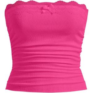 imageSOLY HUX Womens Lace Trim Ruched Bandeau Crop Tube Tops Bowknot Front Strapless Summer TopsHot Pink