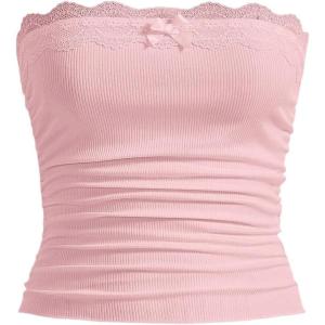 imageSOLY HUX Womens Lace Trim Ruched Bandeau Crop Tube Tops Bowknot Front Strapless Summer TopsLight Pink