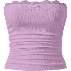 imageSOLY HUX Womens Lace Trim Ruched Bandeau Crop Tube Tops Bowknot Front Strapless Summer TopsLilac Purple