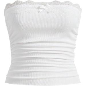 imageSOLY HUX Womens Lace Trim Ruched Bandeau Crop Tube Tops Bowknot Front Strapless Summer TopsPlain White
