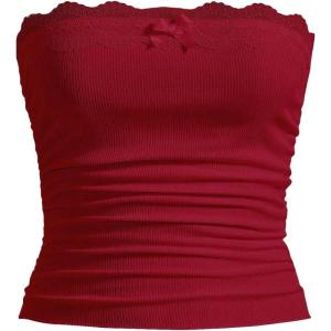 imageSOLY HUX Womens Lace Trim Ruched Bandeau Crop Tube Tops Bowknot Front Strapless Summer TopsPure Burgundy