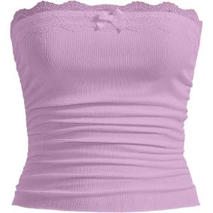 imageSOLY HUX Womens Lace Trim Ruched Bandeau Crop Tube Tops Bowknot Front Strapless Summer TopsPure Lilac Purple