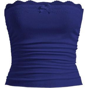 imageSOLY HUX Womens Lace Trim Ruched Bandeau Crop Tube Tops Bowknot Front Strapless Summer TopsPure Royal Blue