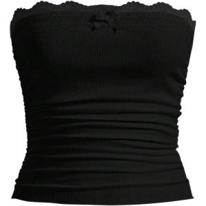 imageSOLY HUX Womens Lace Trim Ruched Bandeau Crop Tube Tops Bowknot Front Strapless Summer TopsSolid Black