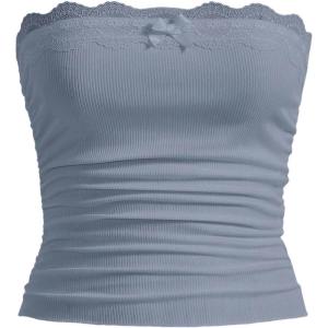 imageSOLY HUX Womens Lace Trim Ruched Bandeau Crop Tube Tops Bowknot Front Strapless Summer TopsSolid Dusty Blue