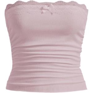 imageSOLY HUX Womens Lace Trim Ruched Bandeau Crop Tube Tops Bowknot Front Strapless Summer TopsSolid Pink