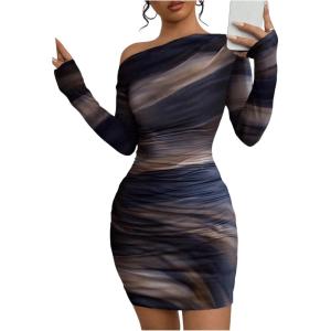 imageSOLY HUX Womens Sexy Off The Shoulder Bodycon Mini Dress Tie Dye Long Sleeve Ruched Asymmetrical Club DressesBrown Tie Dye