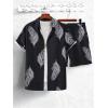 imageSOLY HUX Mens 2 Piece Outfits Tropical Print Short Sleeve Button Down Hawaiian Shirt and Shorts SetBlack Leaf Print