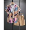 imageSOLY HUX Mens 2 Piece Outfits Tropical Print Short Sleeve Button Down Hawaiian Shirt and Shorts SetKhaki Tropical