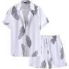 imageSOLY HUX Mens 2 Piece Outfits Tropical Print Short Sleeve Button Down Hawaiian Shirt and Shorts SetWhite Leaf Print