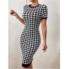 imageSOLY HUX Womens Houndstooth Print Short Sleeve Bodycon Dress Elegant Party Cocktail DressesBlack and White
