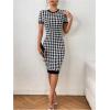 imageSOLY HUX Womens Houndstooth Print Short Sleeve Bodycon Dress Elegant Party Cocktail DressesBlack and White