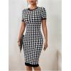 imageSOLY HUX Womens Houndstooth Print Short Sleeve Bodycon Dress Elegant Party Cocktail DressesBlack and White