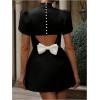 imageSOLY HUX Womens Mini Dress Cut Out Bow Mock Neck Puff Short Sleeve A Line Party DressesSolid Black