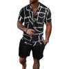 imageSOLY HUX Mens 2 Piece Outfits Tropical Print Short Sleeve Button Down Hawaiian Shirt and Shorts SetBlack Geometric