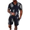 imageSOLY HUX Mens 2 Piece Outfits Tropical Print Short Sleeve Button Down Hawaiian Shirt and Shorts SetBlack Leaf Print