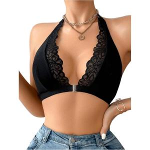 imageSOLY HUX Bras for Women Lace Front Closure Wireless Bra Halter Deep V Neck Comfort BralettePure Black