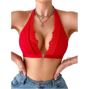 imageSOLY HUX Bras for Women Lace Front Closure Wireless Bra Halter Deep V Neck Comfort BraletteSolid Red
