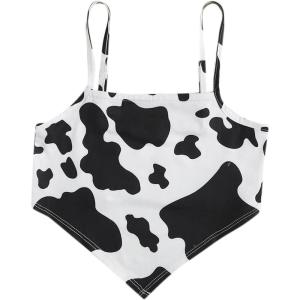 imageSOLY HUX Girls Spaghetti Strap Cow Print Asymmetrical Hem Bandana Cami Crop TopBlack and White