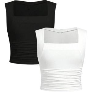imageSOLY HUX Girls Tank Tops 2 Piece Trendy Cute Ruched Square Neck Summer Clothes for Teen GirlsBlack and White
