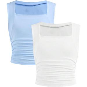 imageSOLY HUX Girls Tank Tops 2 Piece Trendy Cute Ruched Square Neck Summer Clothes for Teen GirlsBlue and White
