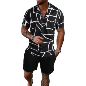 imageSOLY HUX Mens 2 Piece Outfits Tropical Print Short Sleeve Button Down Hawaiian Shirt and Shorts SetBlack Geometric