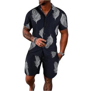 imageSOLY HUX Mens 2 Piece Outfits Tropical Print Short Sleeve Button Down Hawaiian Shirt and Shorts SetBlack Leaf Print