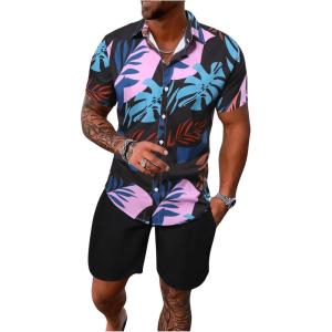 imageSOLY HUX Mens 2 Piece Outfits Tropical Print Short Sleeve Button Down Hawaiian Shirt and Shorts SetBlack Tropical Print