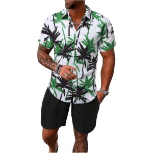 imageSOLY HUX Mens 2 Piece Outfits Tropical Print Short Sleeve Button Down Hawaiian Shirt and Shorts SetBlack and Green Tropical Print