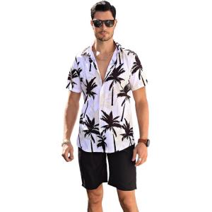 imageSOLY HUX Mens 2 Piece Outfits Tropical Print Short Sleeve Button Down Hawaiian Shirt and Shorts SetBlack and White Tropical