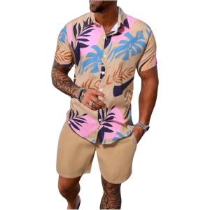 imageSOLY HUX Mens 2 Piece Outfits Tropical Print Short Sleeve Button Down Hawaiian Shirt and Shorts SetKhaki Tropical