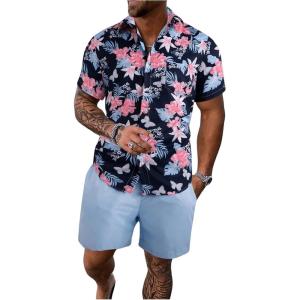 imageSOLY HUX Mens 2 Piece Outfits Tropical Print Short Sleeve Button Down Hawaiian Shirt and Shorts SetMulticoloured Floral Printed