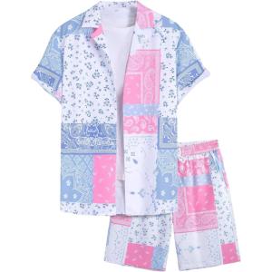 imageSOLY HUX Mens 2 Piece Outfits Tropical Print Short Sleeve Button Down Hawaiian Shirt and Shorts SetMulticoloured Paisley