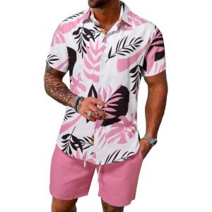 imageSOLY HUX Mens 2 Piece Outfits Tropical Print Short Sleeve Button Down Hawaiian Shirt and Shorts SetPink Tropical