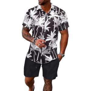imageSOLY HUX Mens 2 Piece Outfits Tropical Print Short Sleeve Button Down Hawaiian Shirt and Shorts SetTropical Multicoloured