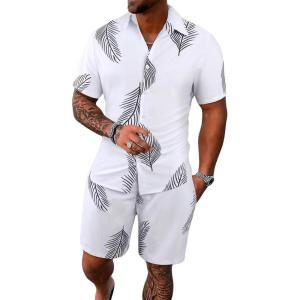 imageSOLY HUX Mens 2 Piece Outfits Tropical Print Short Sleeve Button Down Hawaiian Shirt and Shorts SetWhite Leaf Print