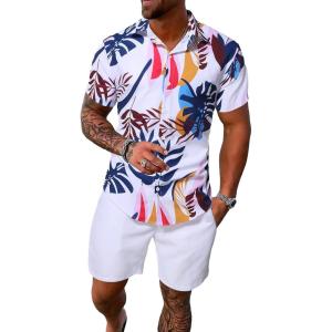 imageSOLY HUX Mens 2 Piece Outfits Tropical Print Short Sleeve Button Down Hawaiian Shirt and Shorts SetWhite Tropical
