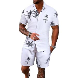 imageSOLY HUX Mens 2 Piece Outfits Tropical Print Short Sleeve Button Down Hawaiian Shirt and Shorts SetWhite Tropical Print