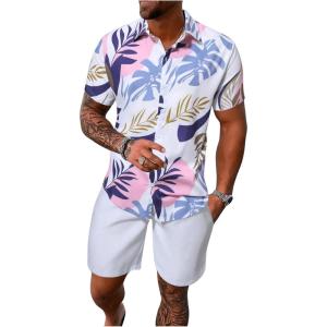 imageSOLY HUX Mens 2 Piece Outfits Tropical Print Short Sleeve Button Down Hawaiian Shirt and Shorts SetWhite Tropical Printed