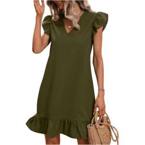 imageSOLY HUX Summer Dresses for Women V Neck Cap Sleeve Ruffle Hem Smock Short DressPlain Army Green