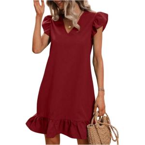 imageSOLY HUX Summer Dresses for Women V Neck Cap Sleeve Ruffle Hem Smock Short DressPlain Burgundy
