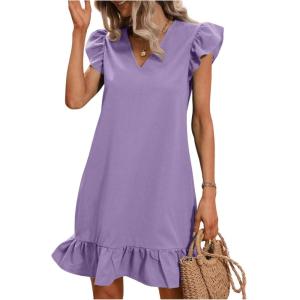 imageSOLY HUX Summer Dresses for Women V Neck Cap Sleeve Ruffle Hem Smock Short DressPlain Purple