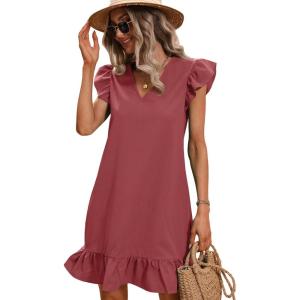 imageSOLY HUX Summer Dresses for Women V Neck Cap Sleeve Ruffle Hem Smock Short DressPlain Watermelon Pink