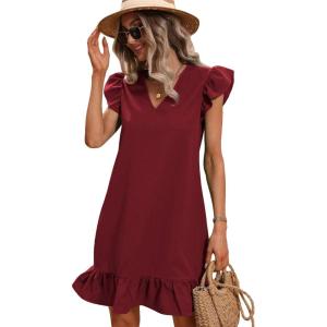 imageSOLY HUX Summer Dresses for Women V Neck Cap Sleeve Ruffle Hem Smock Short DressPure Burgundy