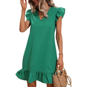 imageSOLY HUX Summer Dresses for Women V Neck Cap Sleeve Ruffle Hem Smock Short DressSolid Green