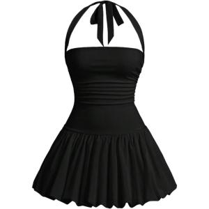 imageSOLY HUX Womens Bubble Mini Dress Halter Backless Ruched Y2K Club Party Short Sundress with Builtin ShortsSolid Black