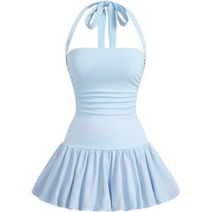 imageSOLY HUX Womens Bubble Mini Dress Halter Backless Ruched Y2K Club Party Short Sundress with Builtin ShortsSolid Blue